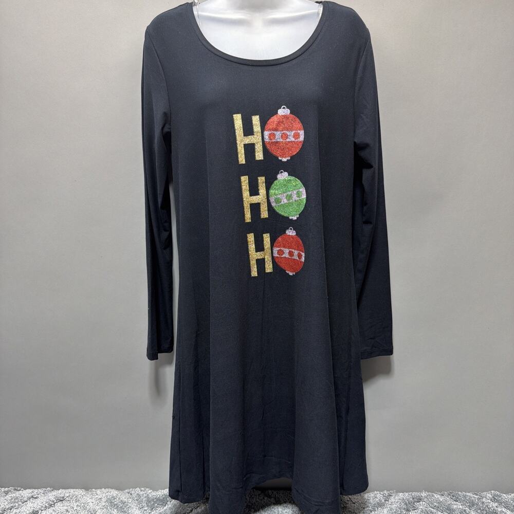 Tiara International Women's Medium Christmas Collection HO HO HO Black Dress